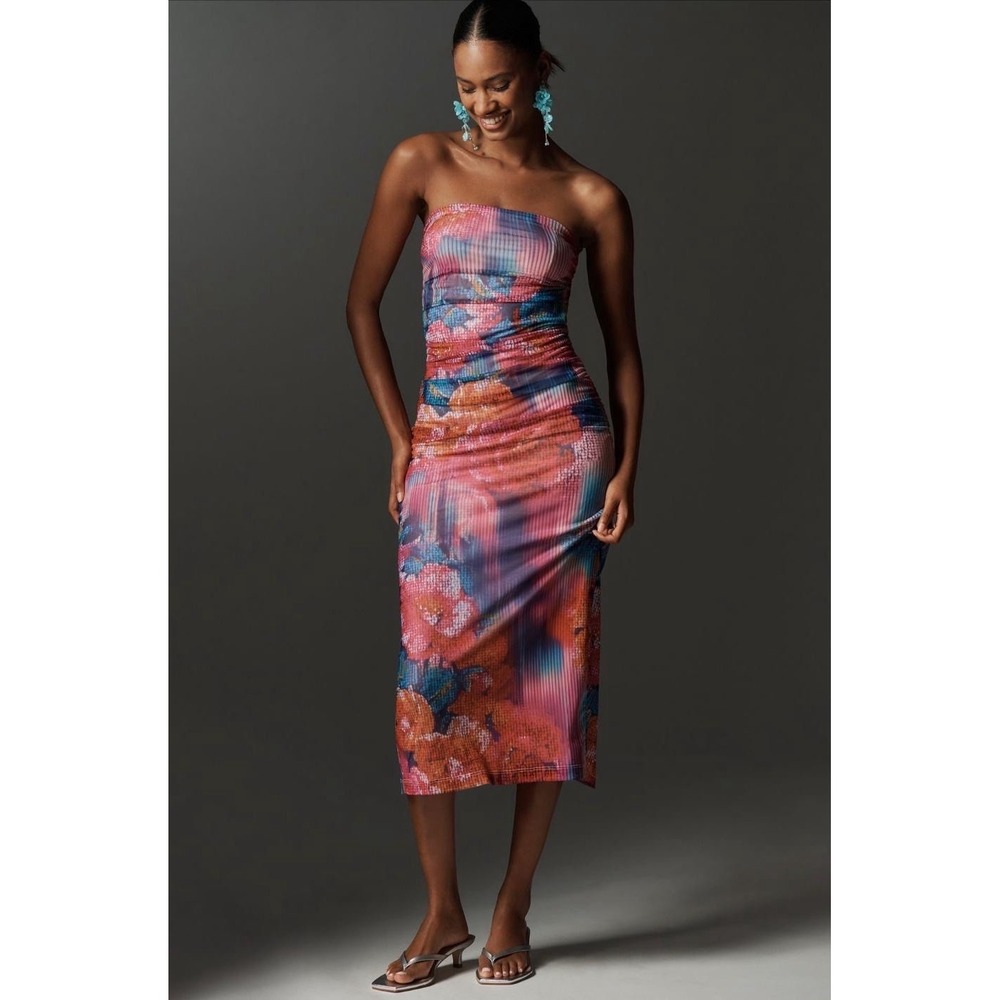 ANTHROPOLOGIE New‎ Soleil Slim Strapless Midi Dress MEDIUM Ruched Mesh Floral - Picture 4 of 9